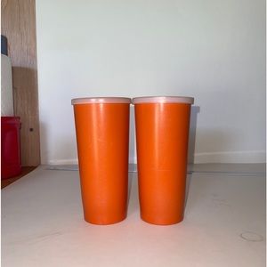 Vtg. 1- Tupperware Orange Harvest Tumblers Cups W/ Lids 6 1/2” Tall